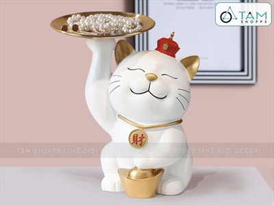 Tượng mèo thần tài nâng dĩa màu trắng [Sắc sảo - Dĩa kim loại] TCV-MEO-02